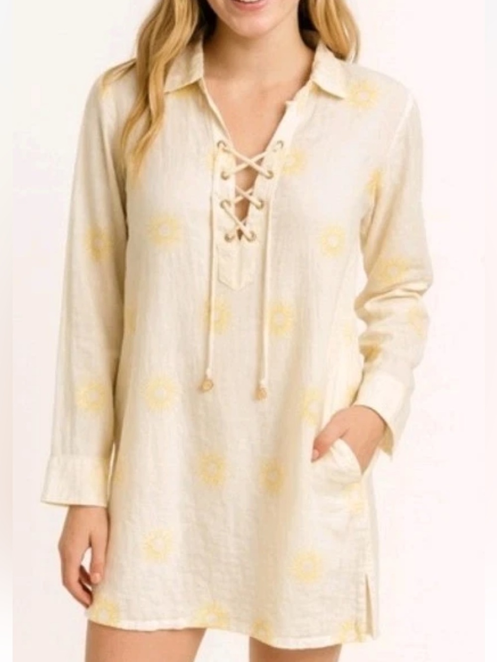 Cynthia Rowley Linen Tunic Astrology Shirt XL Sun Moon Zodiac